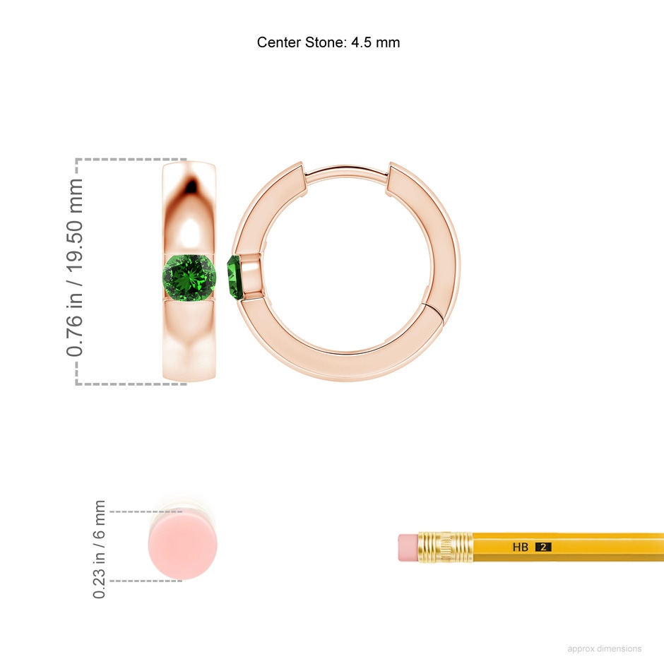 4.5mm Labgrown Lab-Grown Channel-Set Round Emerald Hinged Hoop Earrings in Rose Gold ruler