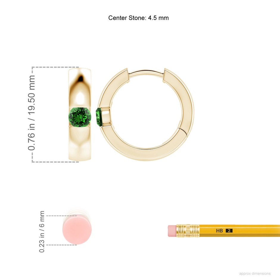 4.5mm Labgrown Lab-Grown Channel-Set Round Emerald Hinged Hoop Earrings in Yellow Gold ruler
