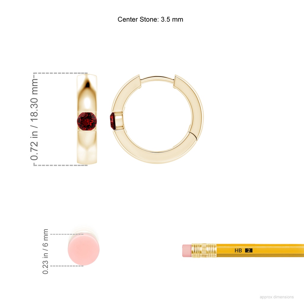 3.5mm Labgrown Lab-Grown Channel-Set Round Ruby Hinged Hoop Earrings in Yellow Gold ruler