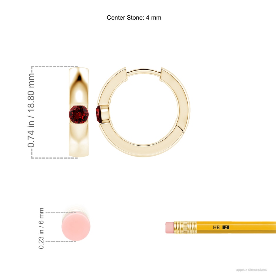 4mm Labgrown Lab-Grown Channel-Set Round Ruby Hinged Hoop Earrings in Yellow Gold ruler