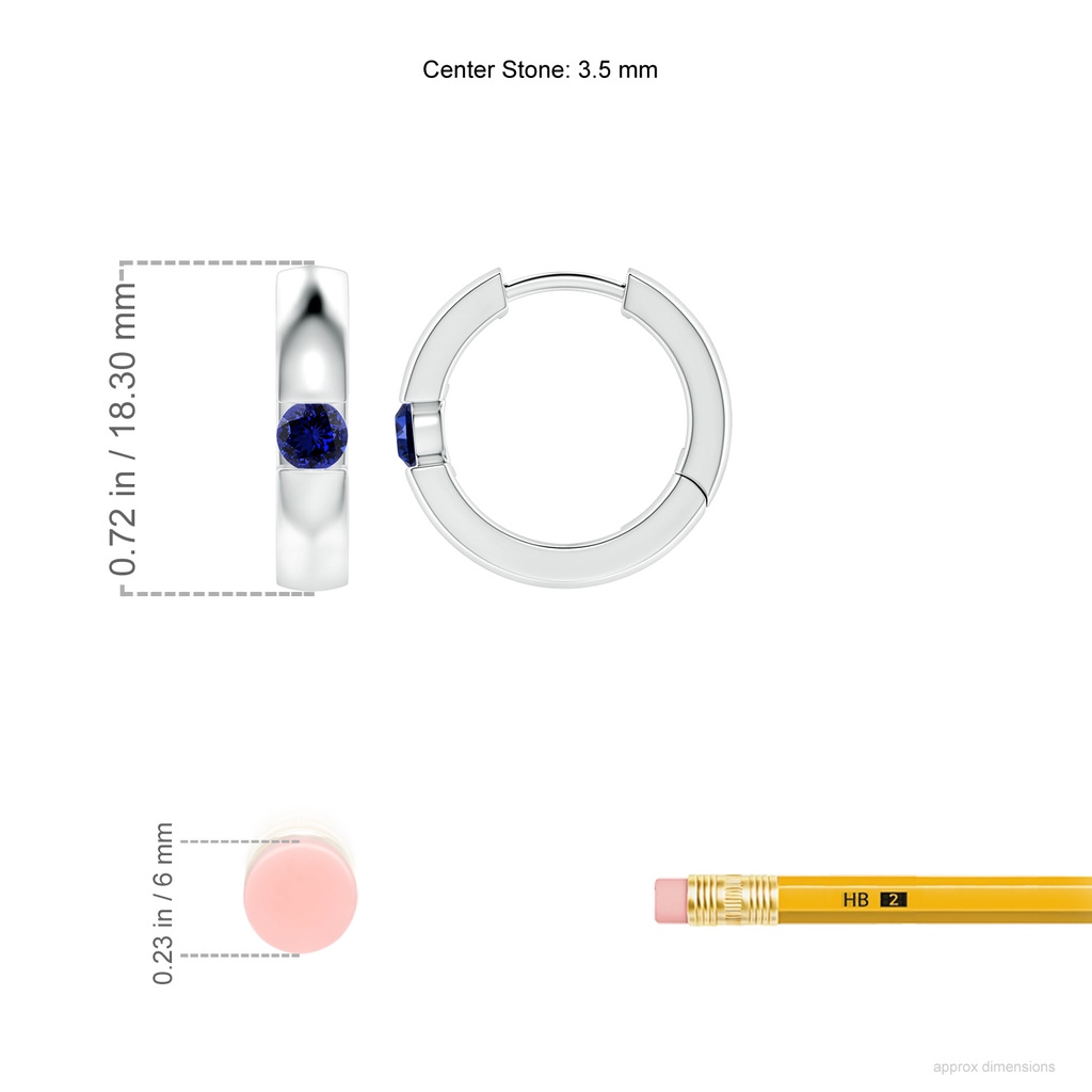 3.5mm Labgrown Lab-Grown Channel-Set Round Blue Sapphire Hinged Hoop Earrings in White Gold ruler