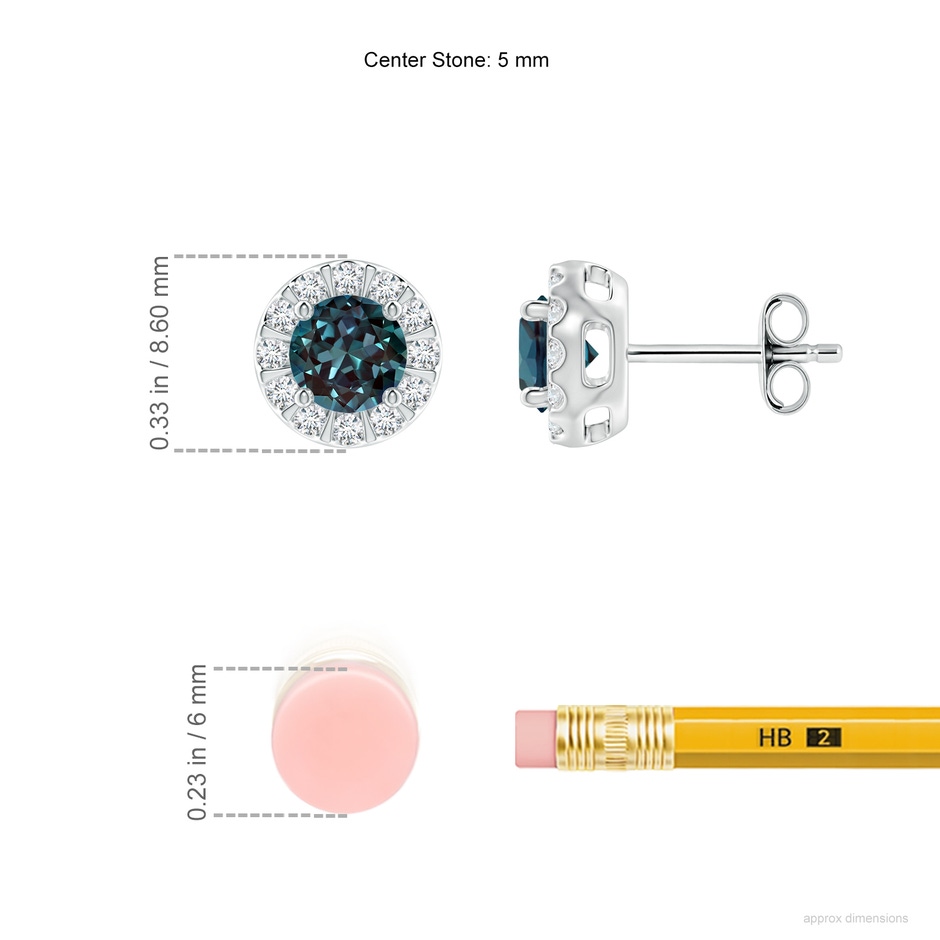 5mm Labgrown Lab-Grown Alexandrite Stud Earrings with Bar-Set Diamond Halo in 18K White Gold ruler