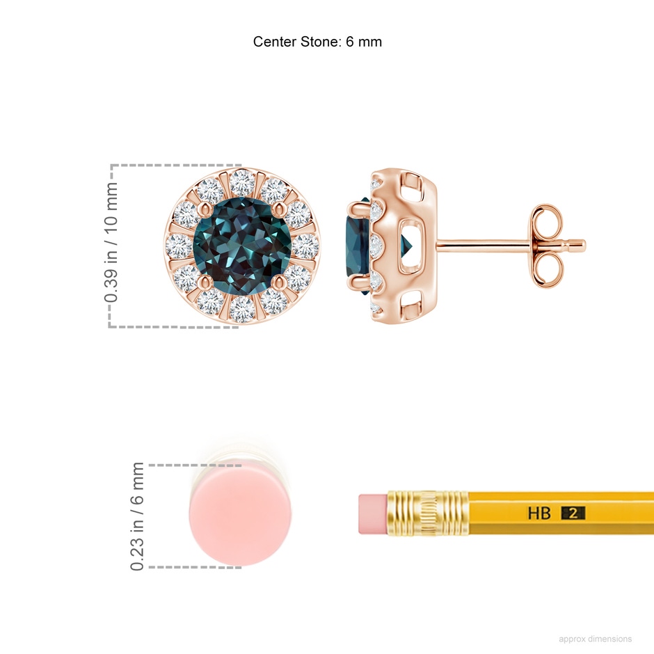 6mm Labgrown Lab-Grown Alexandrite Stud Earrings with Bar-Set Diamond Halo in 18K Rose Gold ruler