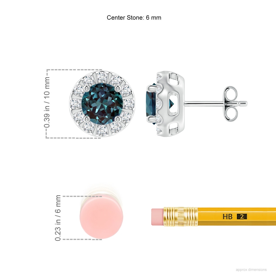 6mm Labgrown Lab-Grown Alexandrite Stud Earrings with Bar-Set Diamond Halo in 18K White Gold ruler