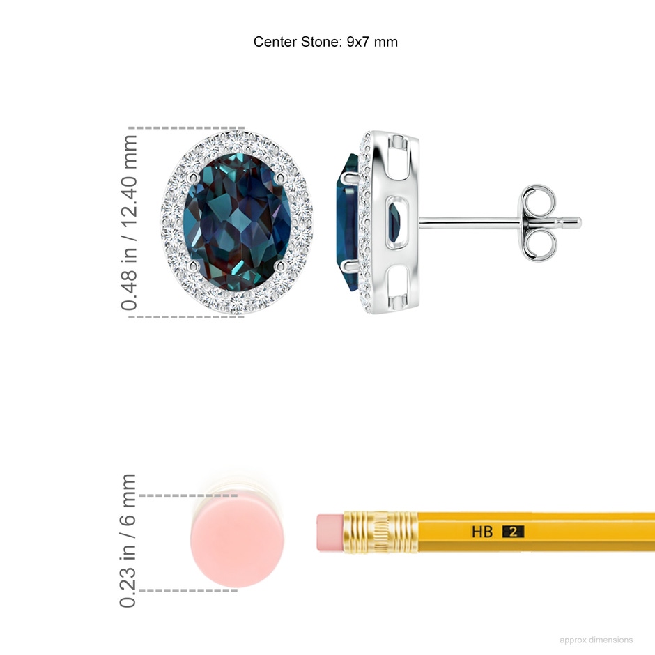 9x7mm Labgrown Oval Lab-Grown Alexandrite Studs with Diamond Halo in 18K White Gold ruler
