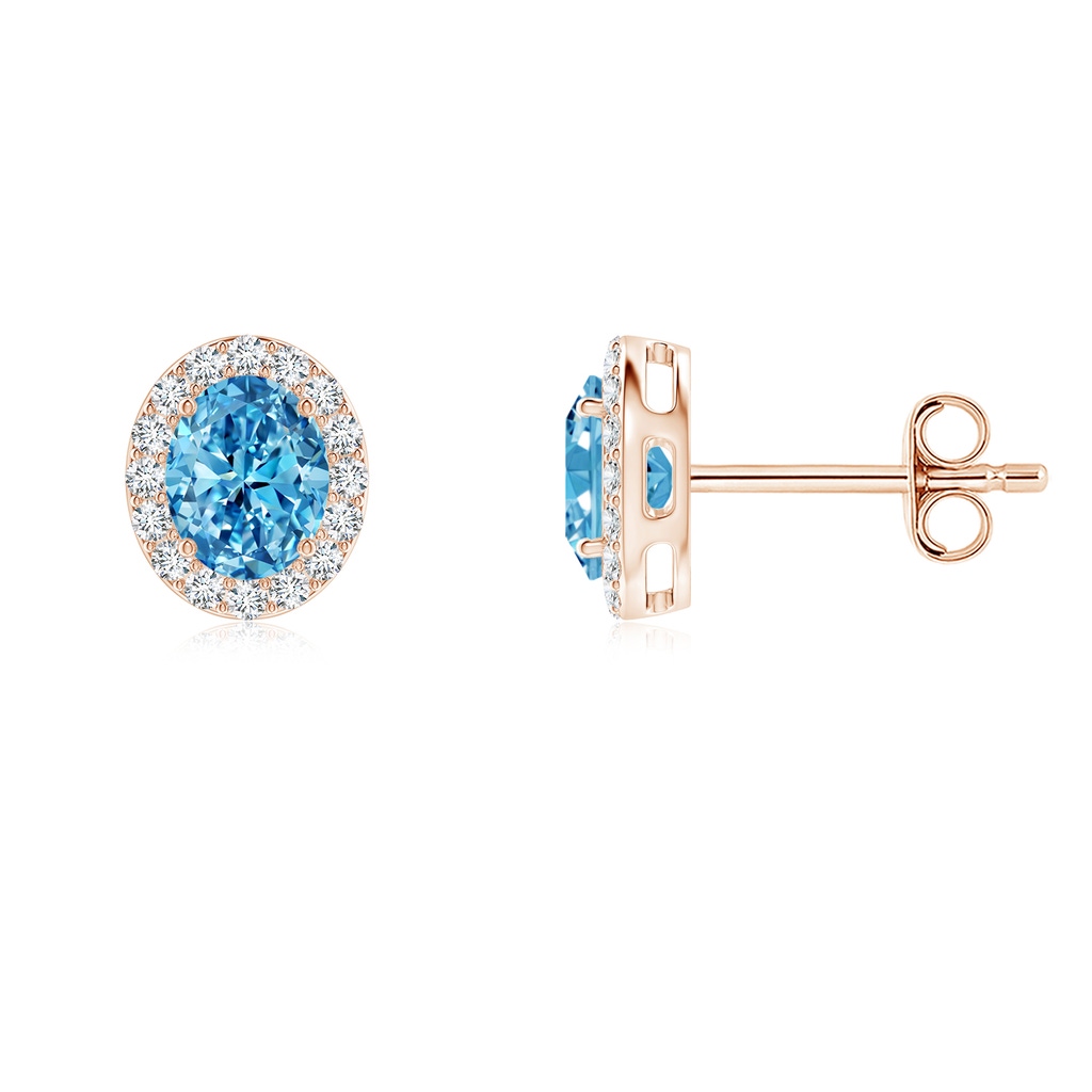 5x3mm Labgrown Oval Lab-Grown Fancy Intense Blue Diamond Studs with Halo in Rose Gold