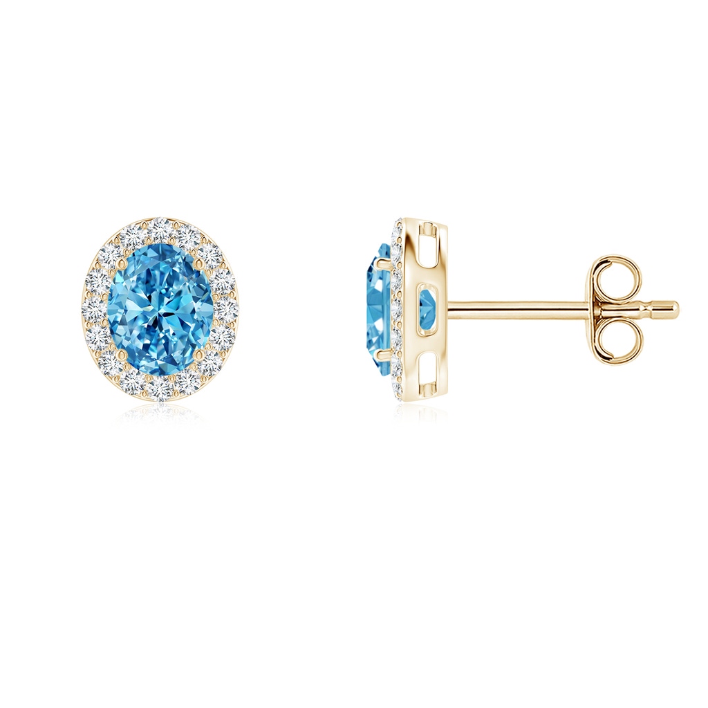 5x3mm Labgrown Oval Lab-Grown Fancy Intense Blue Diamond Studs with Halo in Yellow Gold