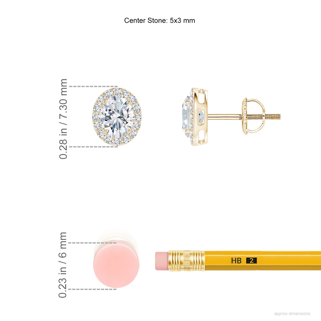 5x3mm FGVS Lab-Grown Oval Diamond Studs with Halo in Yellow Gold ruler