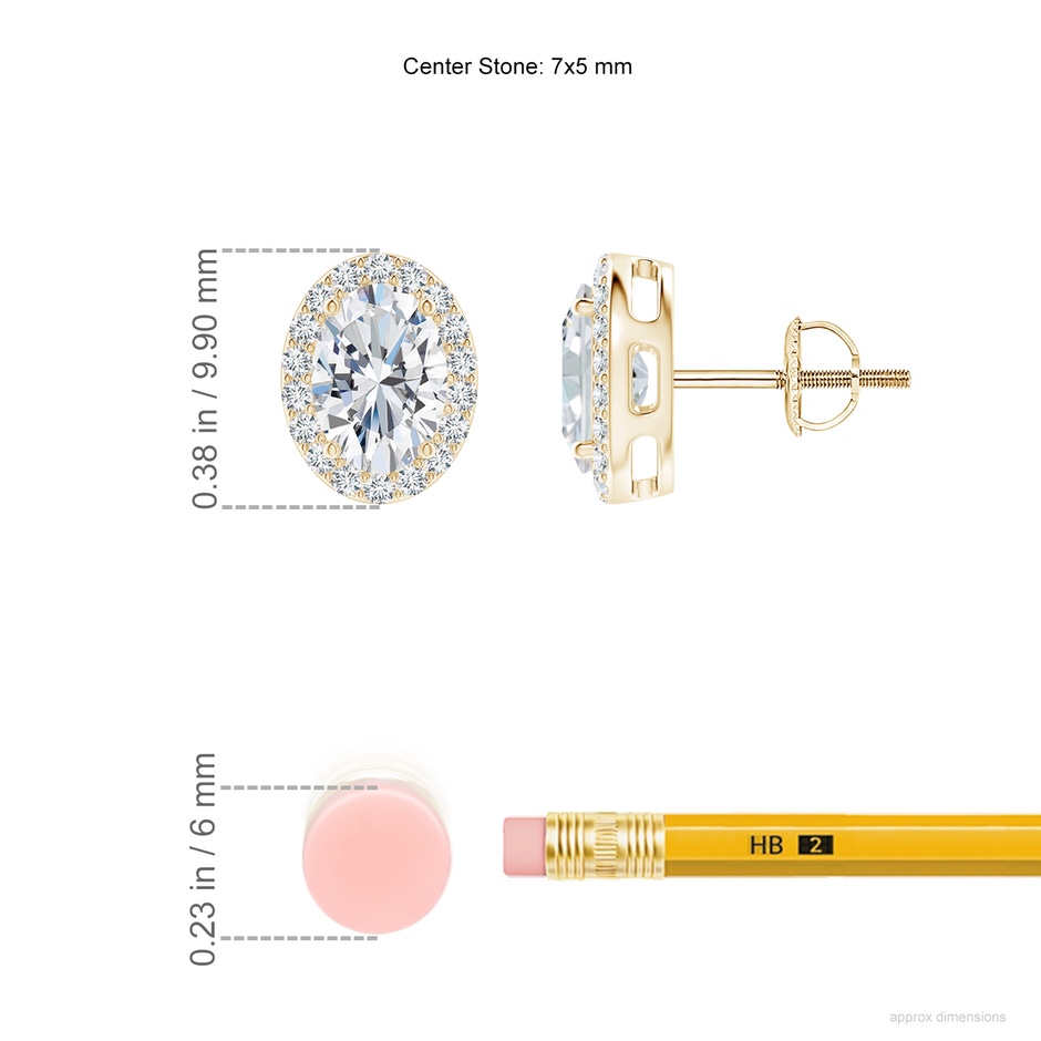 7x5mm FGVS Lab-Grown Oval Diamond Studs with Halo in Yellow Gold ruler