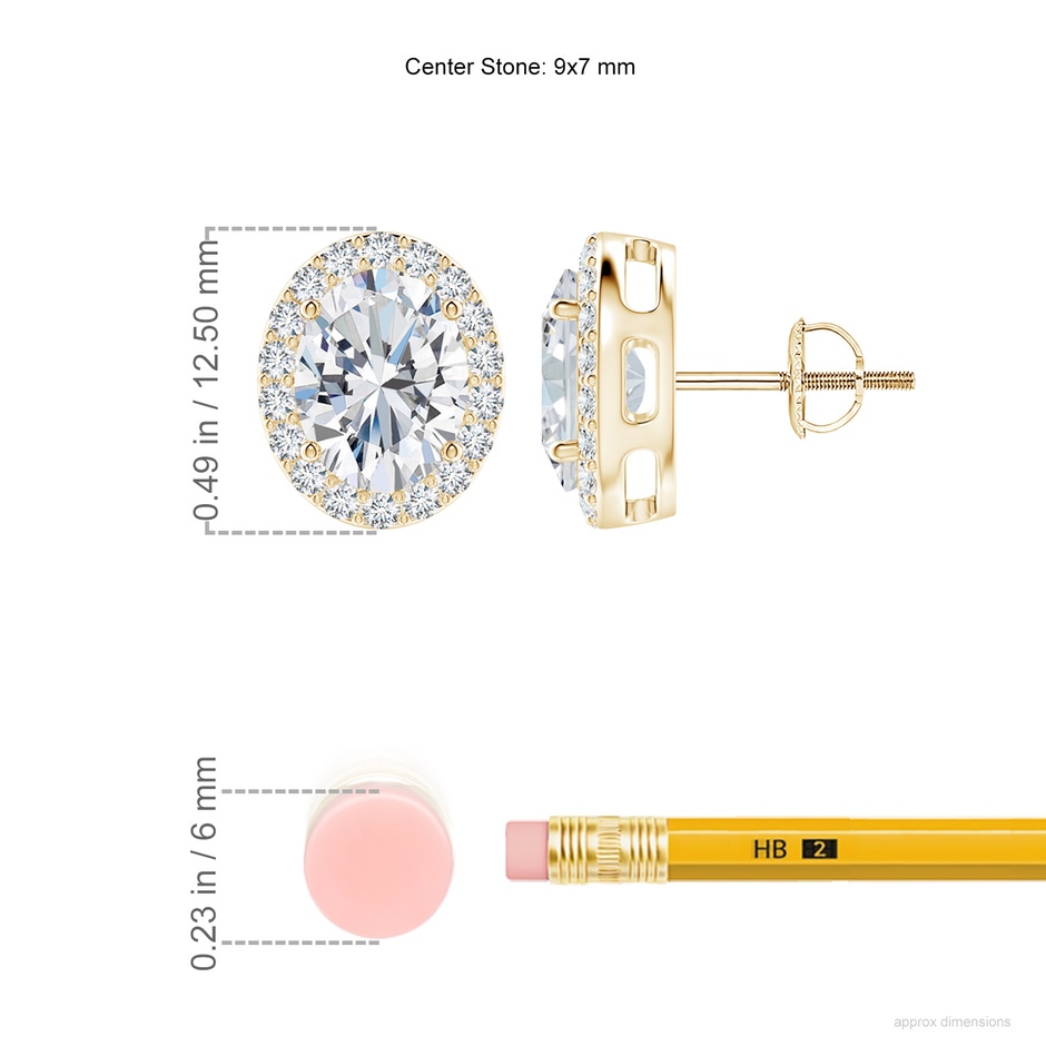 9x7mm FGVS Lab-Grown Oval Diamond Studs with Halo in Yellow Gold ruler