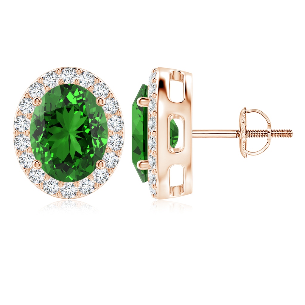 10x8mm Labgrown Lab-Grown Oval Emerald Studs with Diamond Halo in Rose Gold