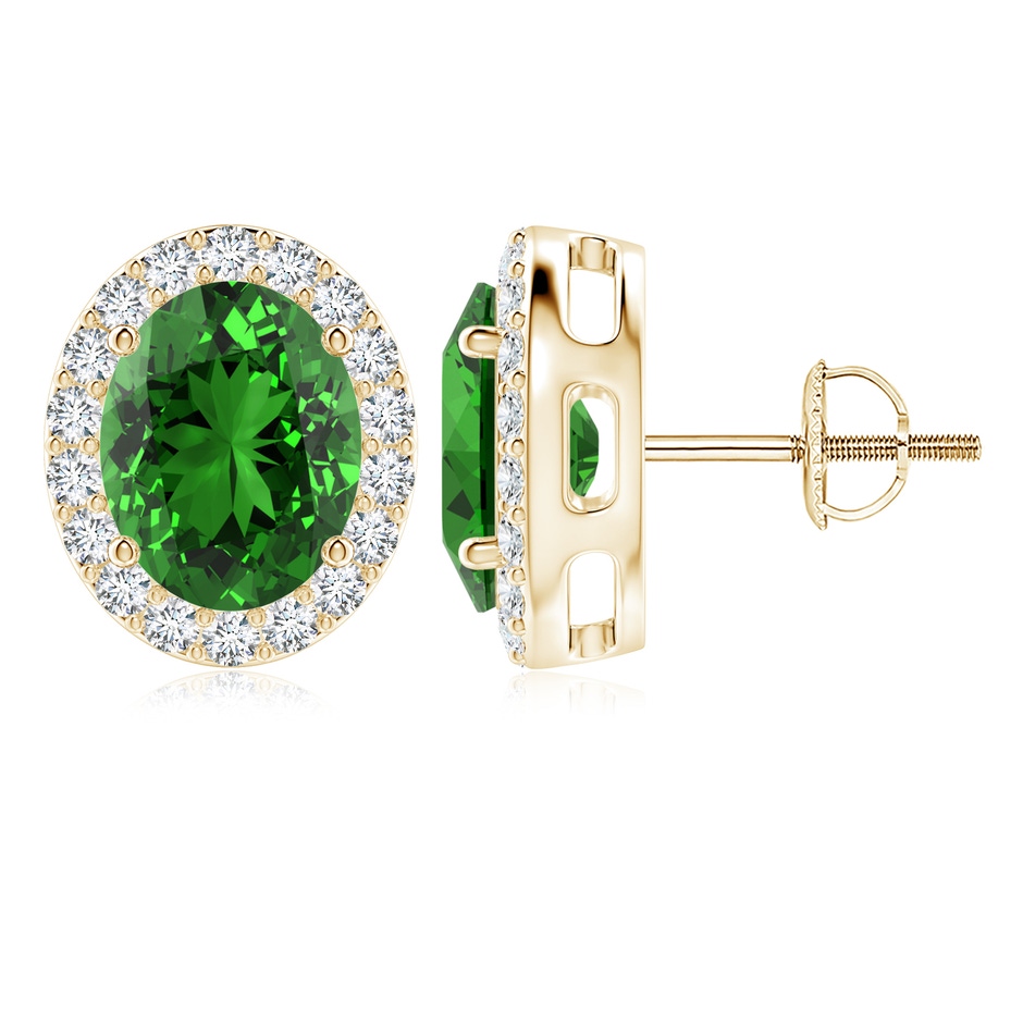 10x8mm Labgrown Lab-Grown Oval Emerald Studs with Diamond Halo in Yellow Gold 