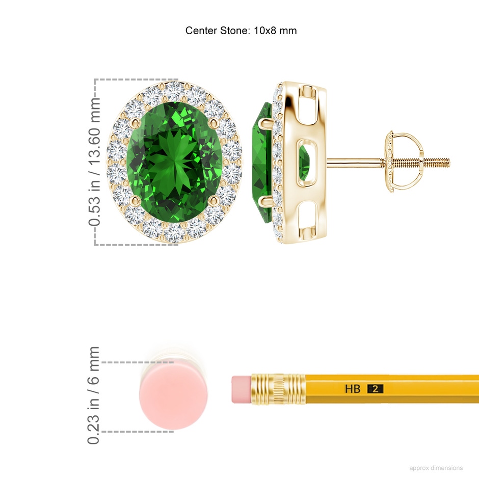 10x8mm Labgrown Lab-Grown Oval Emerald Studs with Diamond Halo in Yellow Gold ruler
