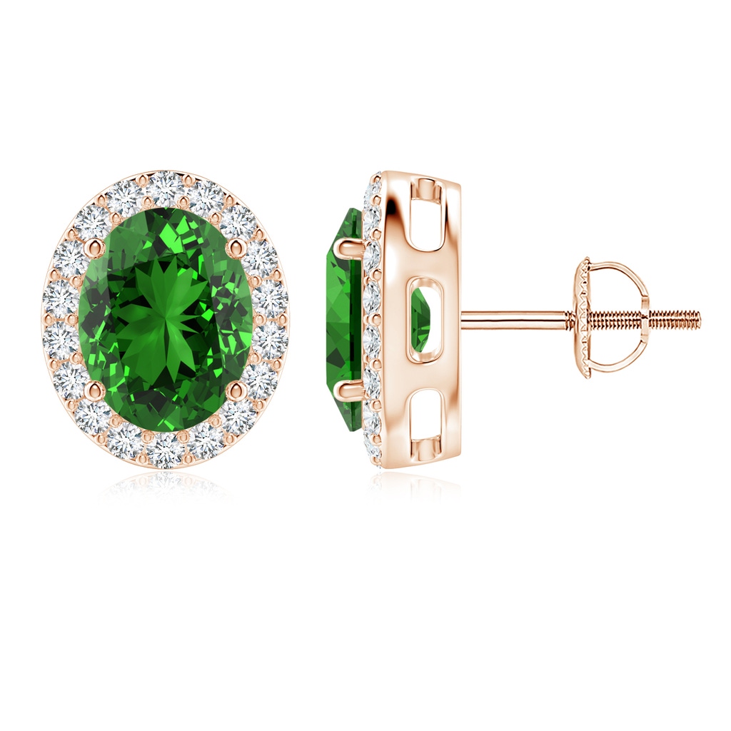 9x7mm Labgrown Lab-Grown Oval Emerald Studs with Diamond Halo in 9K Rose Gold