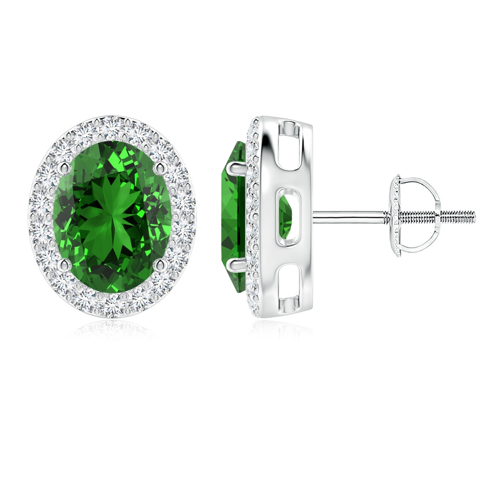 9x7mm Labgrown Lab-Grown Oval Emerald Studs with Diamond Halo in 9K White Gold
