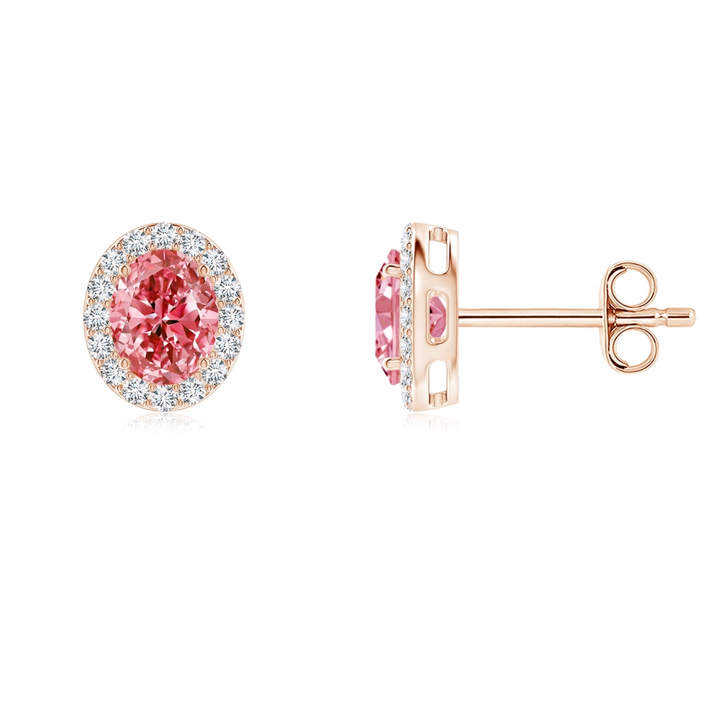 5x3mm Labgrown Oval Lab-Grown Fancy Intense Pink Diamond Studs with Halo in Rose Gold