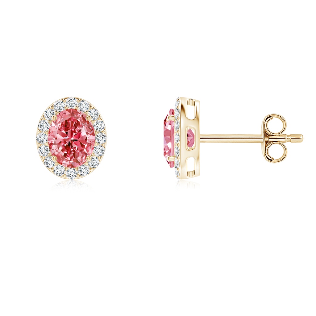 5x3mm Labgrown Oval Lab-Grown Fancy Intense Pink Diamond Studs with Halo in Yellow Gold