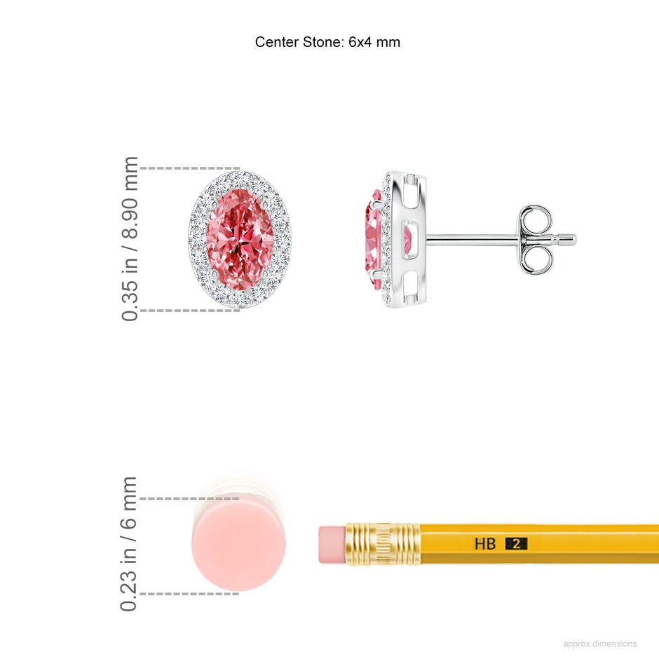 6x4mm Labgrown Oval Lab-Grown Fancy Intense Pink Diamond Studs with Halo in White Gold ruler