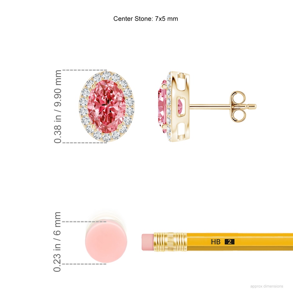 7x5mm Labgrown Oval Lab-Grown Fancy Intense Pink Diamond Studs with Halo in 18K Yellow Gold ruler