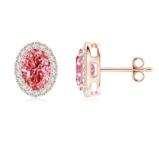 7x5mm Labgrown Oval Lab-Grown Fancy Intense Pink Diamond Studs with Halo in Rose Gold