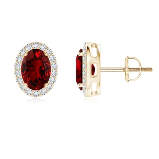 7x5mm Labgrown Lab-Grown Oval Ruby Studs with Diamond Halo in 9K Yellow Gold