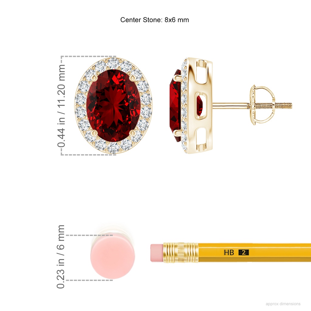 8x6mm Labgrown Lab-Grown Oval Ruby Studs with Diamond Halo in Yellow Gold ruler