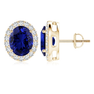 10x8mm Labgrown Lab-Grown Oval Blue Sapphire Studs with Diamond Halo in 10K Yellow Gold