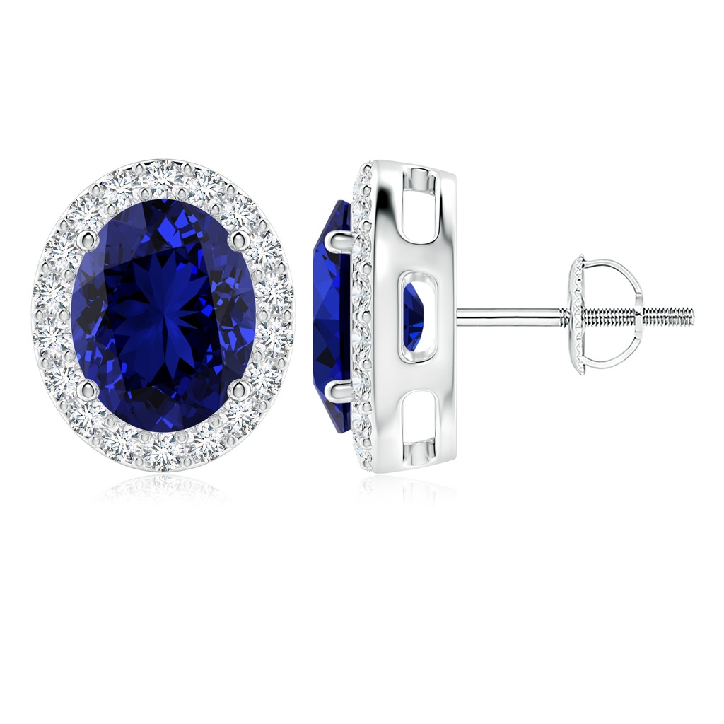 10x8mm Labgrown Lab-Grown Oval Blue Sapphire Studs with Lab Diamond Halo in P950 Platinum