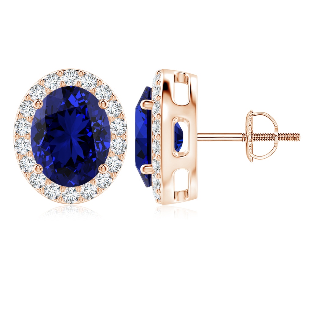 10x8mm Labgrown Lab-Grown Oval Blue Sapphire Studs with Lab Diamond Halo in Rose Gold