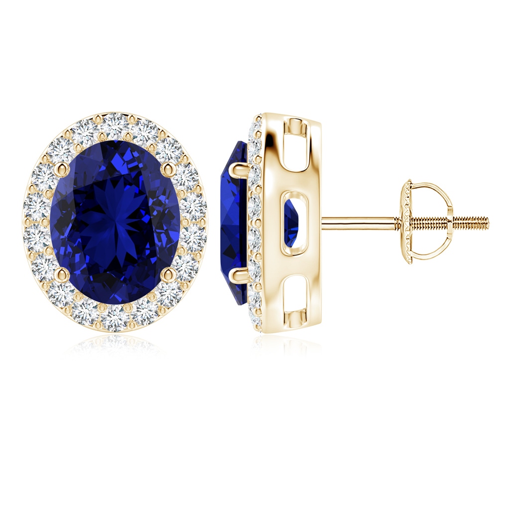 10x8mm Labgrown Lab-Grown Oval Blue Sapphire Studs with Lab Diamond Halo in Yellow Gold