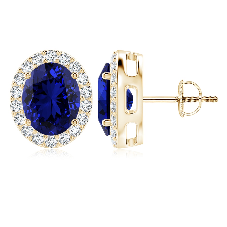 10x8mm Labgrown Lab-Grown Oval Blue Sapphire Studs with Lab Diamond Halo in Yellow Gold 