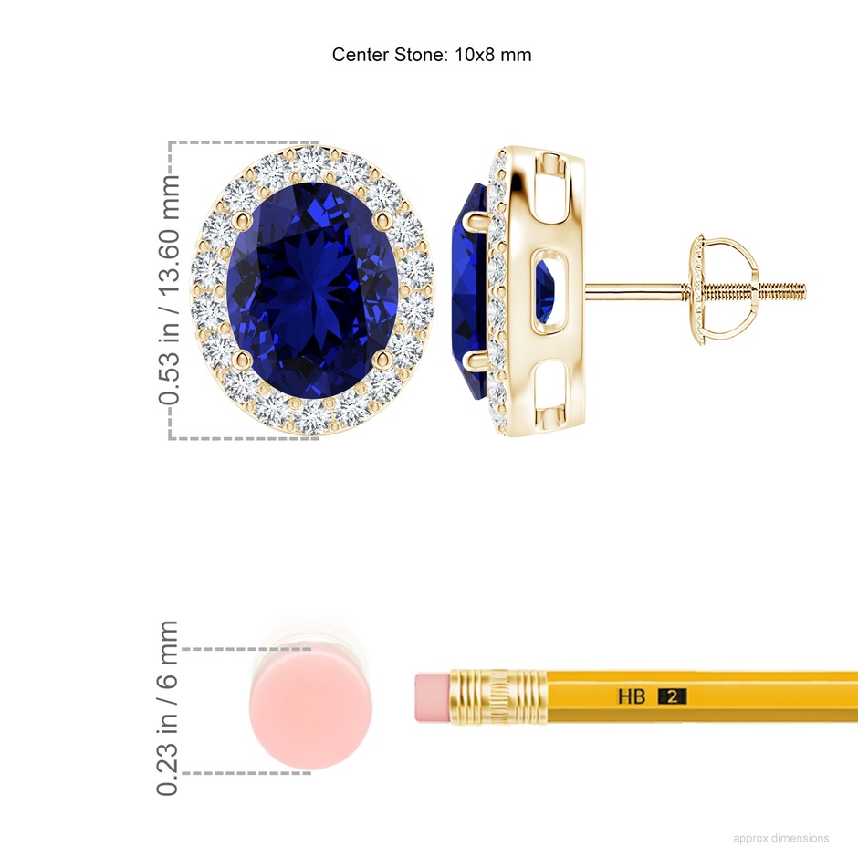 10x8mm Labgrown Lab-Grown Oval Blue Sapphire Studs with Lab Diamond Halo in Yellow Gold ruler