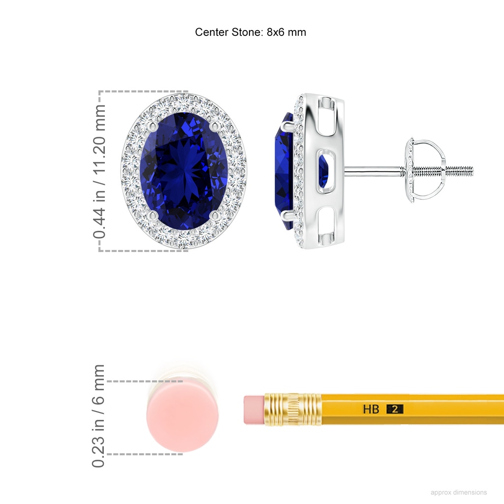 8x6mm Labgrown Lab-Grown Oval Blue Sapphire Studs with Diamond Halo in White Gold ruler