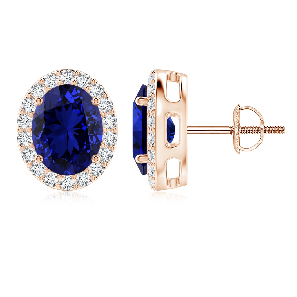 9x7mm Labgrown Lab-Grown Oval Blue Sapphire Studs with Diamond Halo in 10K Rose Gold