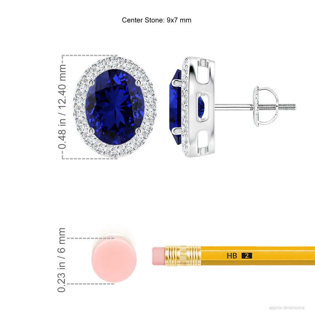9x7mm Labgrown Lab-Grown Oval Blue Sapphire Studs with Diamond Halo in P950 Platinum ruler