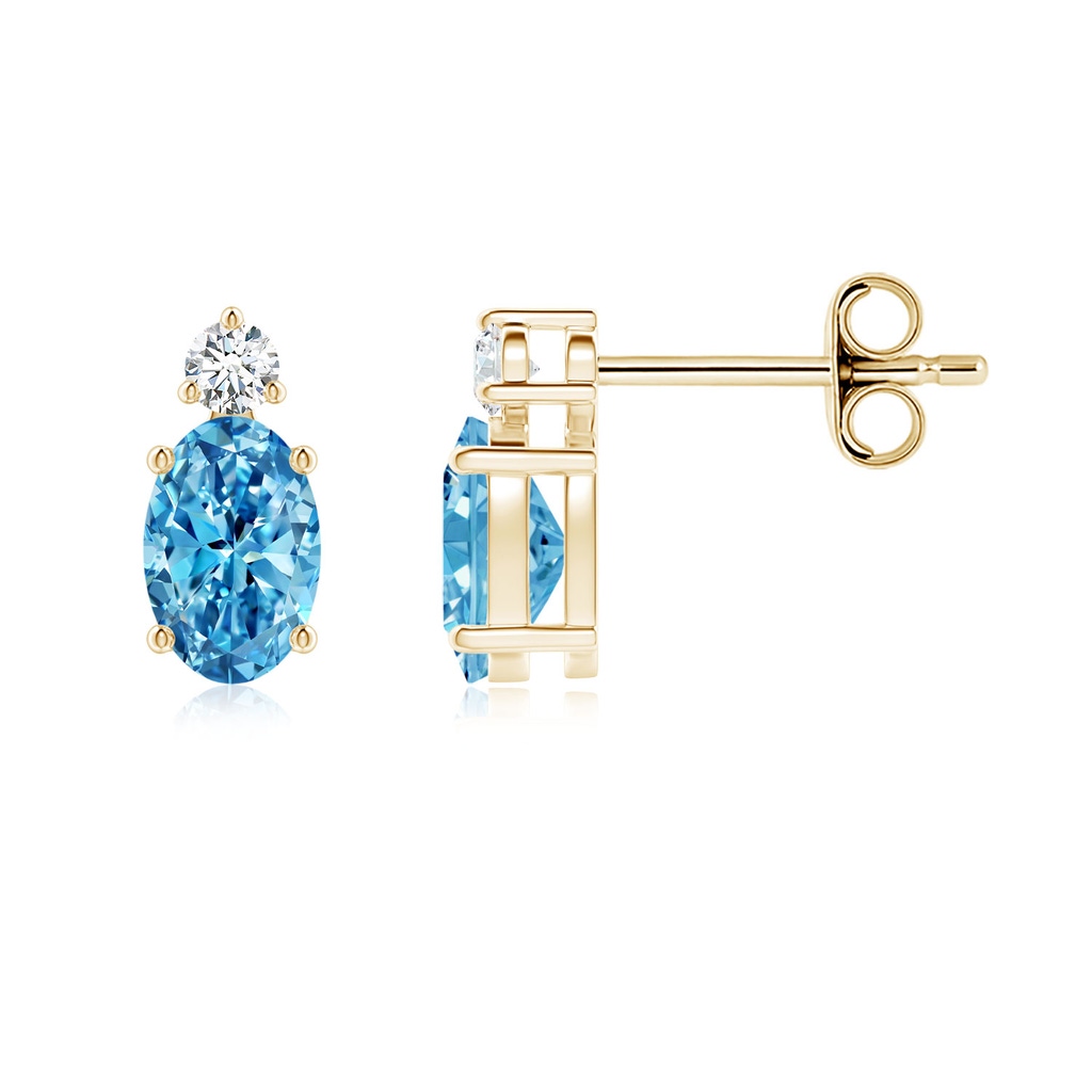 6x4mm Labgrown Basket-Set Oval Lab-Grown Fancy Intense Blue Diamond Stud Earrings in Yellow Gold