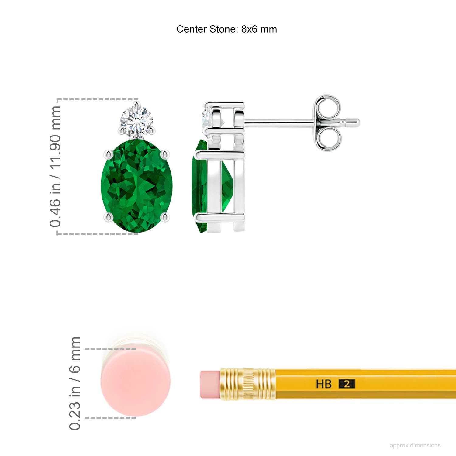 8x6mm Labgrown Lab-Grown Basket-Set Oval Emerald Stud Earrings with Diamond in White Gold - ruler