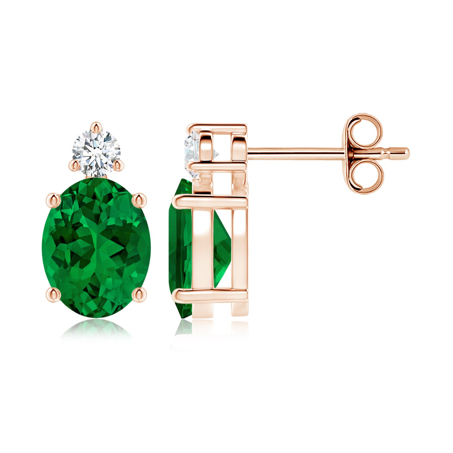 9x7mm Labgrown Lab-Grown Basket-Set Oval Emerald Stud Earrings with Diamond in 18K Rose Gold