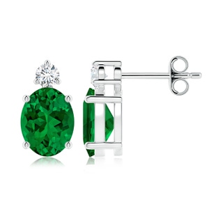 9x7mm Labgrown Lab-Grown Basket-Set Oval Emerald Stud Earrings with Diamond in S999 Silver