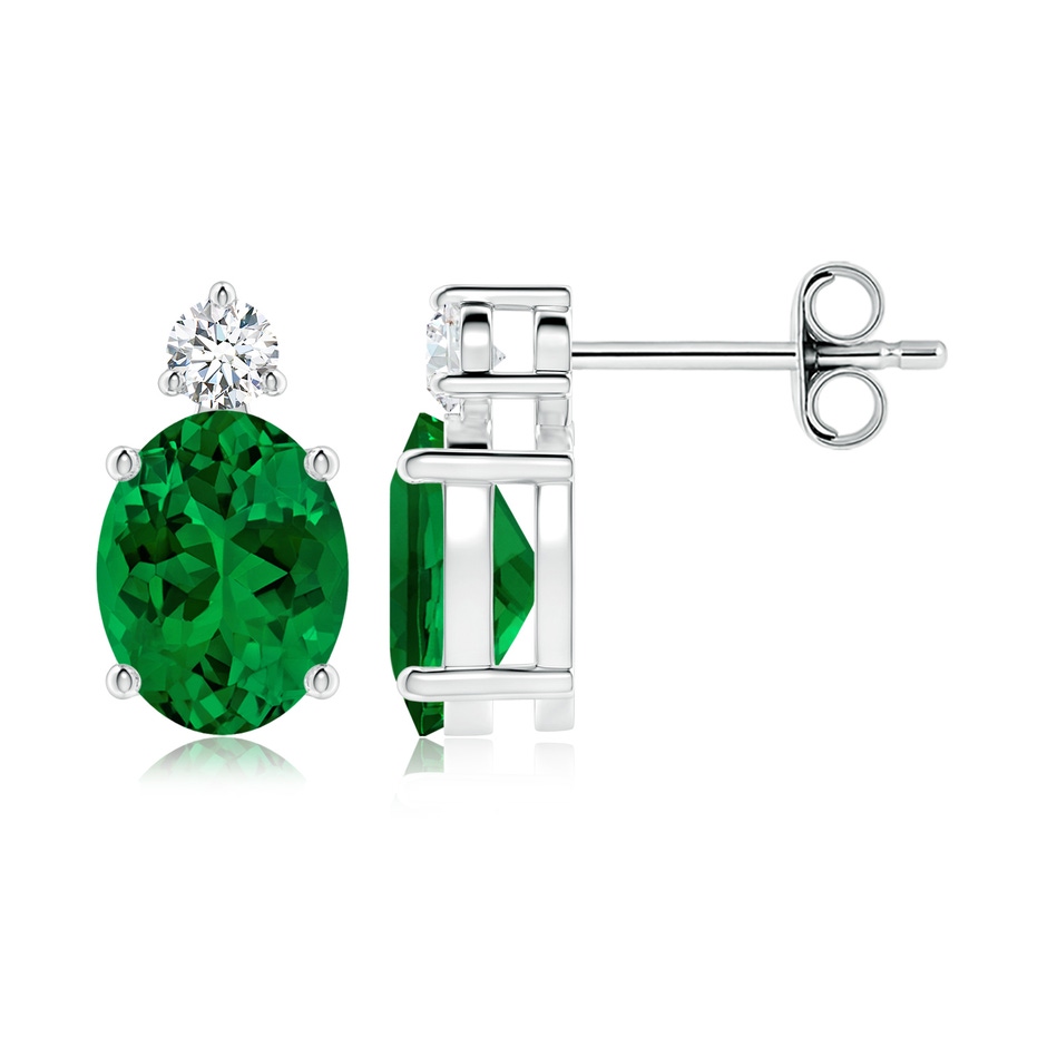 9x7mm Labgrown Lab-Grown Basket-Set Oval Emerald Stud Earrings with Diamond in S999 Silver 