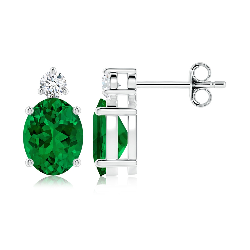 9x7mm Labgrown Lab-Grown Basket-Set Oval Emerald Stud Earrings with Diamond in White Gold