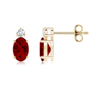 6x4mm Labgrown Lab-Grown Basket-Set Oval Ruby Stud Earrings with Lab Diamond in Yellow Gold