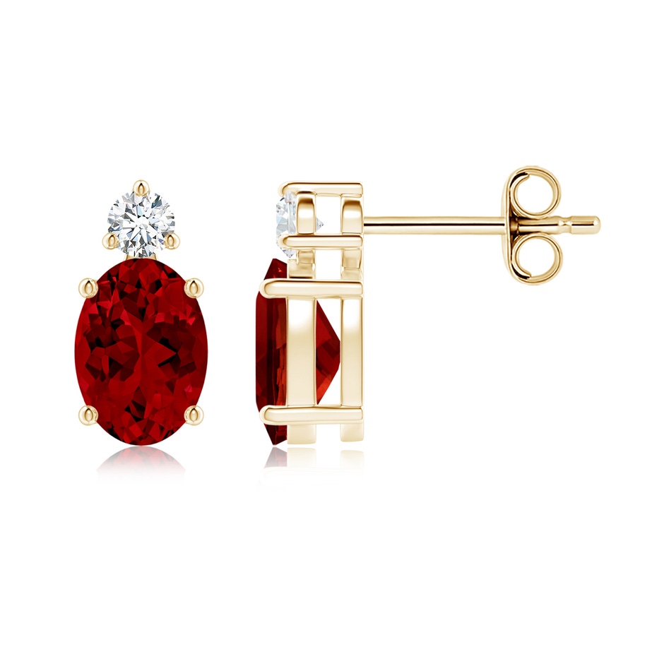 7x5mm Labgrown Lab-Grown Basket-Set Oval Ruby Stud Earrings with Lab Diamond in Yellow Gold 