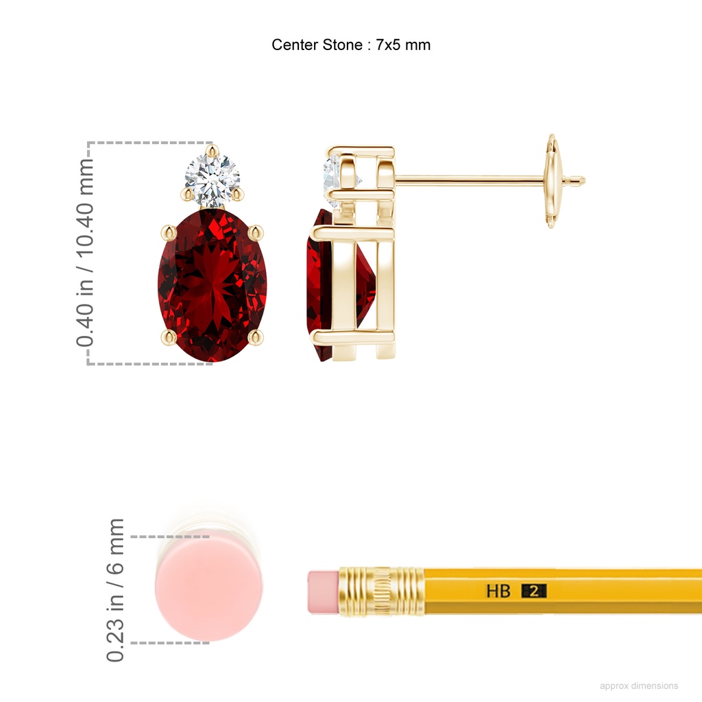 7x5mm Labgrown Lab-Grown Basket-Set Oval Ruby Stud Earrings with Diamond in Yellow Gold ruler