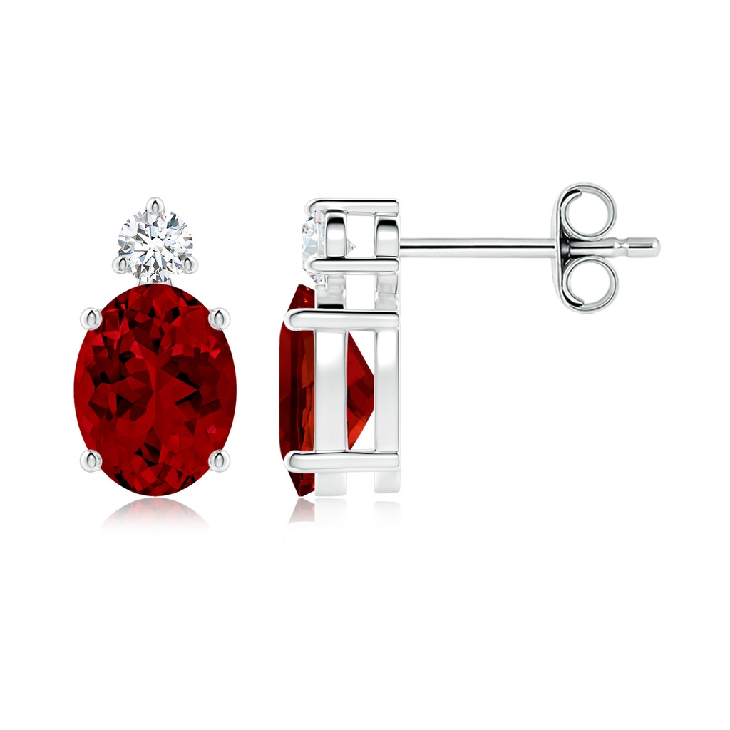 8x6mm Labgrown Lab-Grown Basket-Set Oval Ruby Stud Earrings with Lab Diamond in 18K White Gold