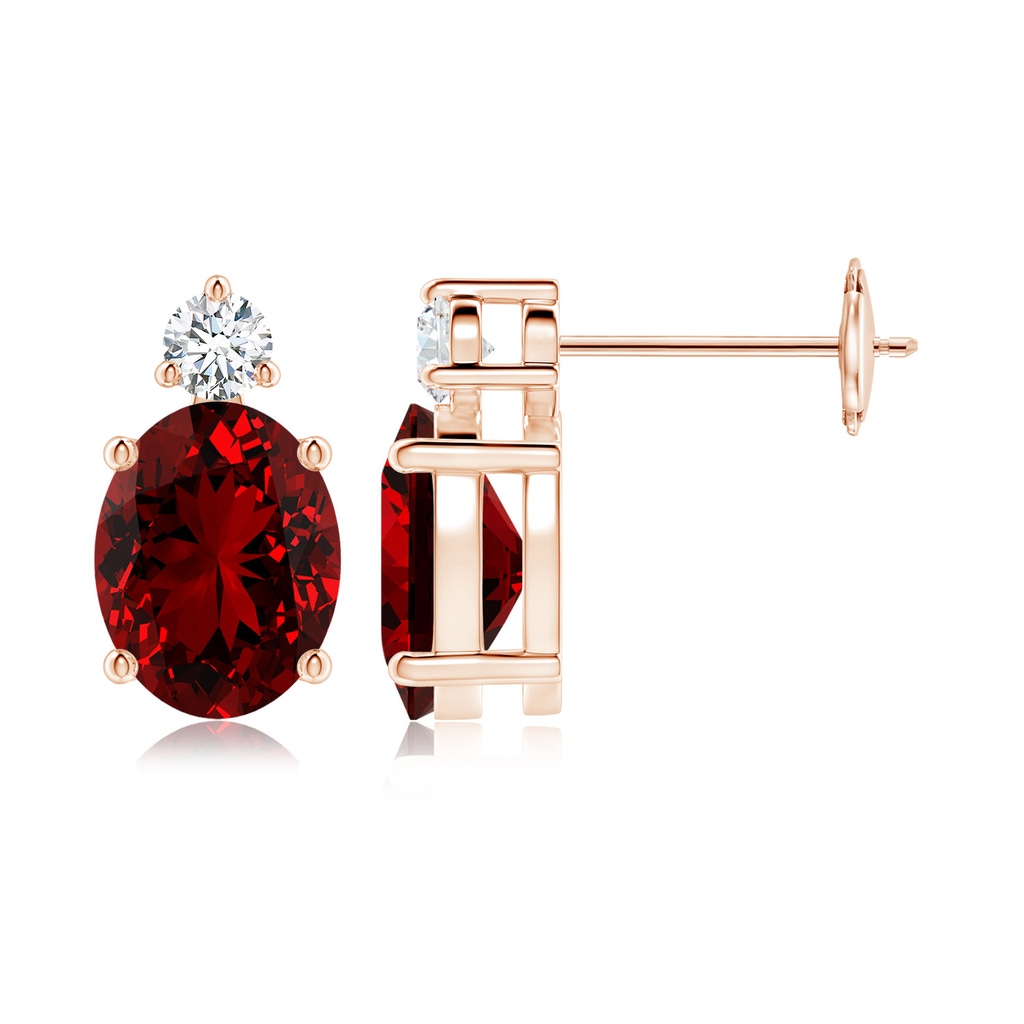 9x7mm Labgrown Lab-Grown Basket-Set Oval Ruby Stud Earrings with Diamond in 10K Rose Gold
