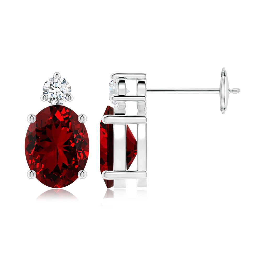 9x7mm Labgrown Lab-Grown Basket-Set Oval Ruby Stud Earrings with Diamond in 10K White Gold