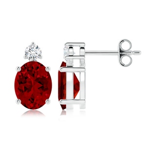 9x7mm Labgrown Lab-Grown Basket-Set Oval Ruby Stud Earrings with Lab Diamond in 9K White Gold