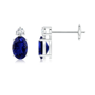 6x4mm Labgrown Lab-Grown Basket-Set Oval Blue Sapphire Stud Earrings with Diamond in White Gold