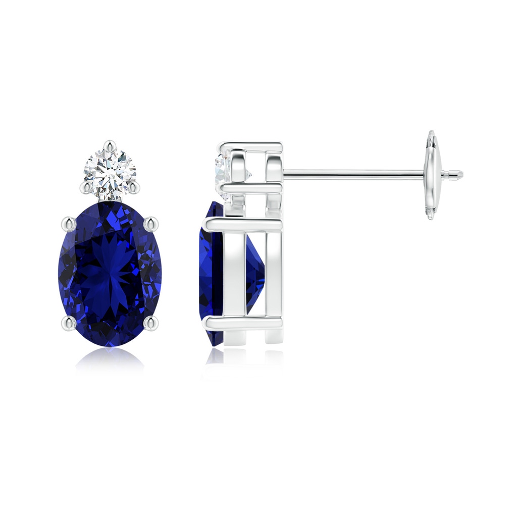 7x5mm Labgrown Lab-Grown Basket-Set Oval Blue Sapphire Stud Earrings with Diamond in White Gold